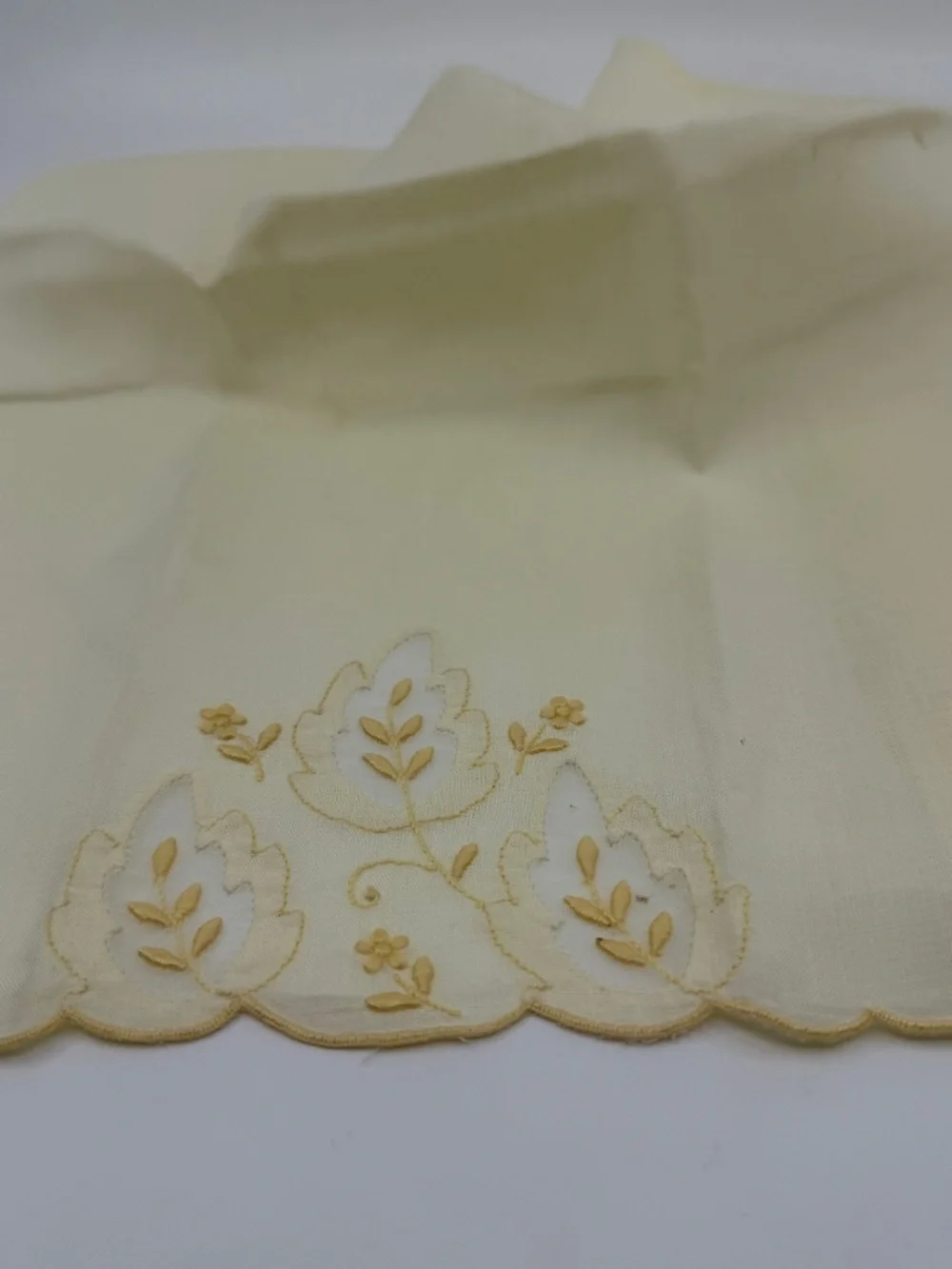 Pair Vintage Embroidered Pale Yellow Madeira Linen & Organza Fingertip Towels